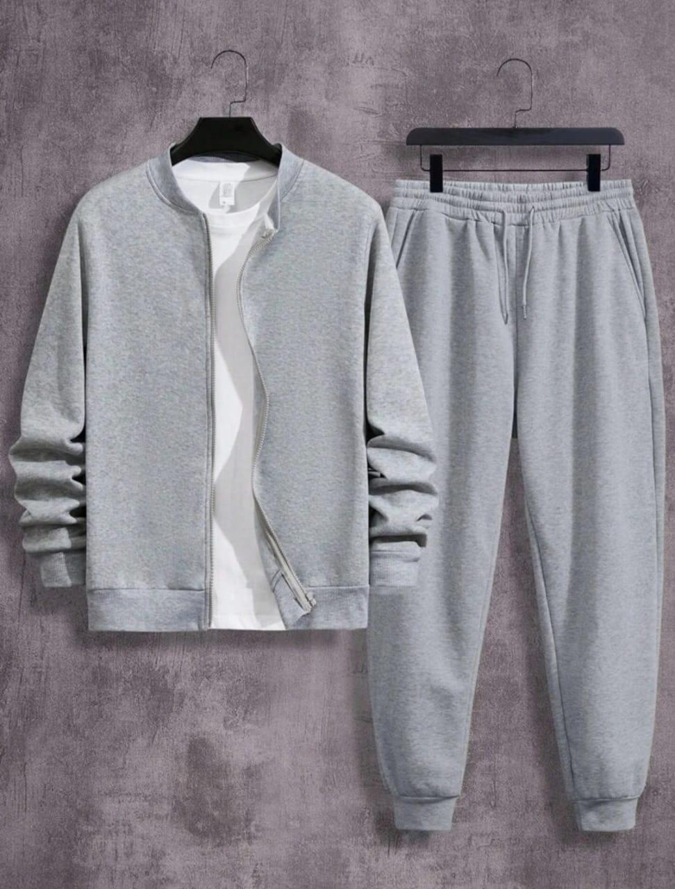 2 pcs fleece plain zipper track suit