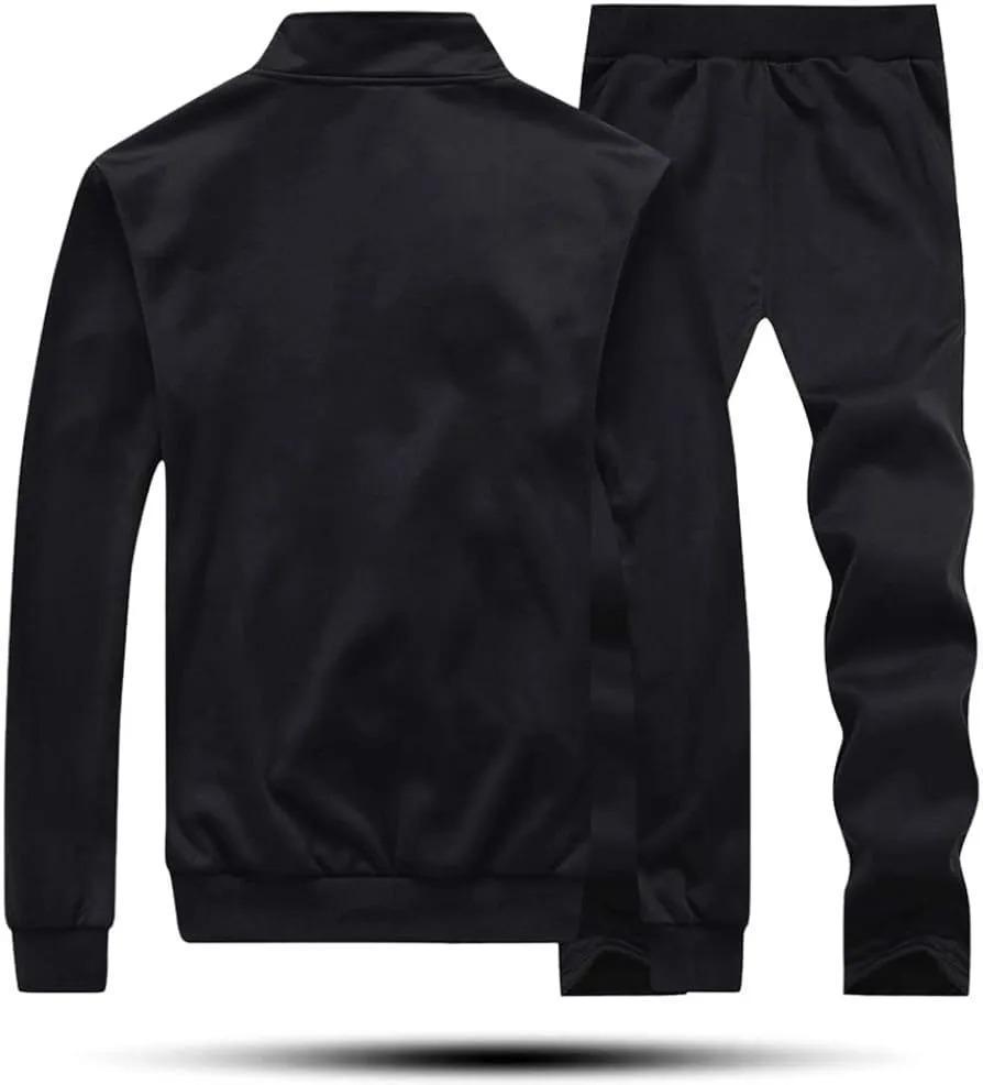 Men fleece track suit-2pcs -black-plain Collar Design