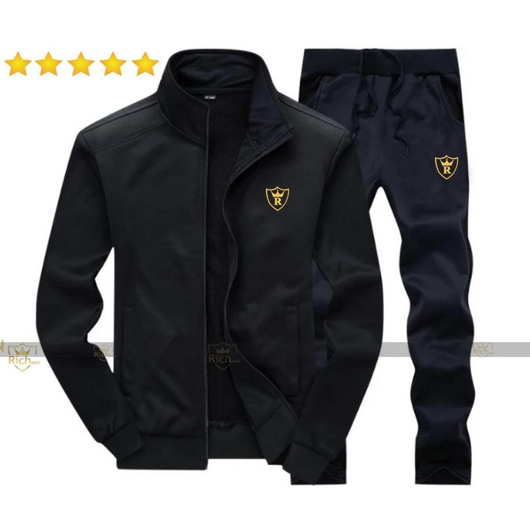 Men fleece track suit-2pcs -black-plain Collar Design