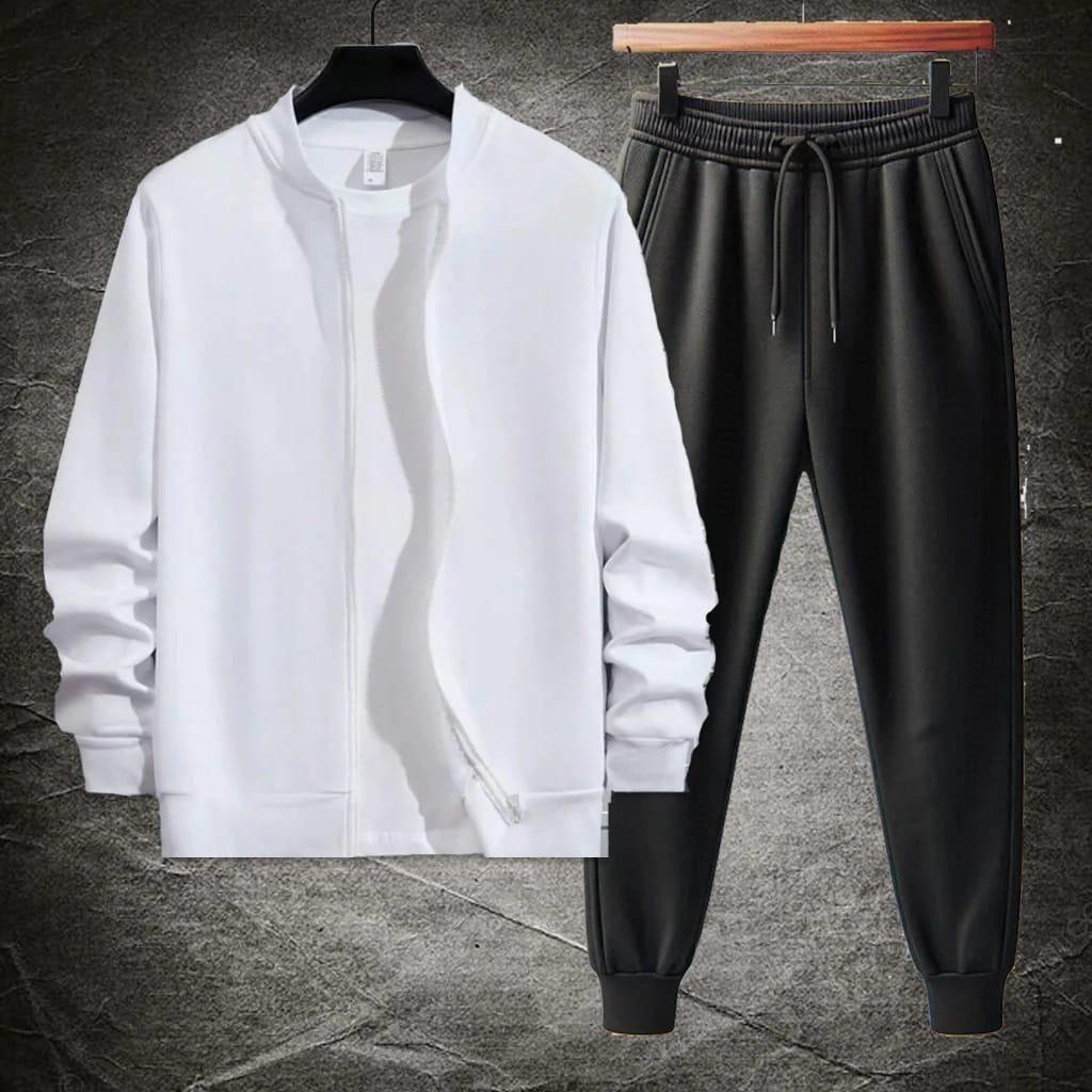 Men fleece track suit-2pcs -black-plain Collar Design
